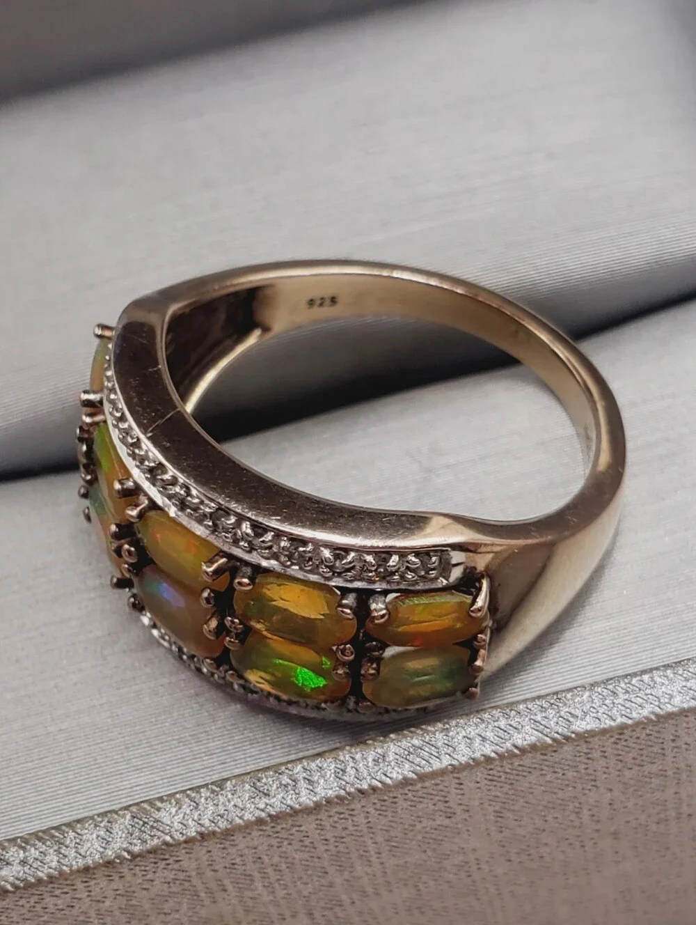 Double Row Genuine Opal Band Ring - Yellow Gold - 925 Sterling Silver
